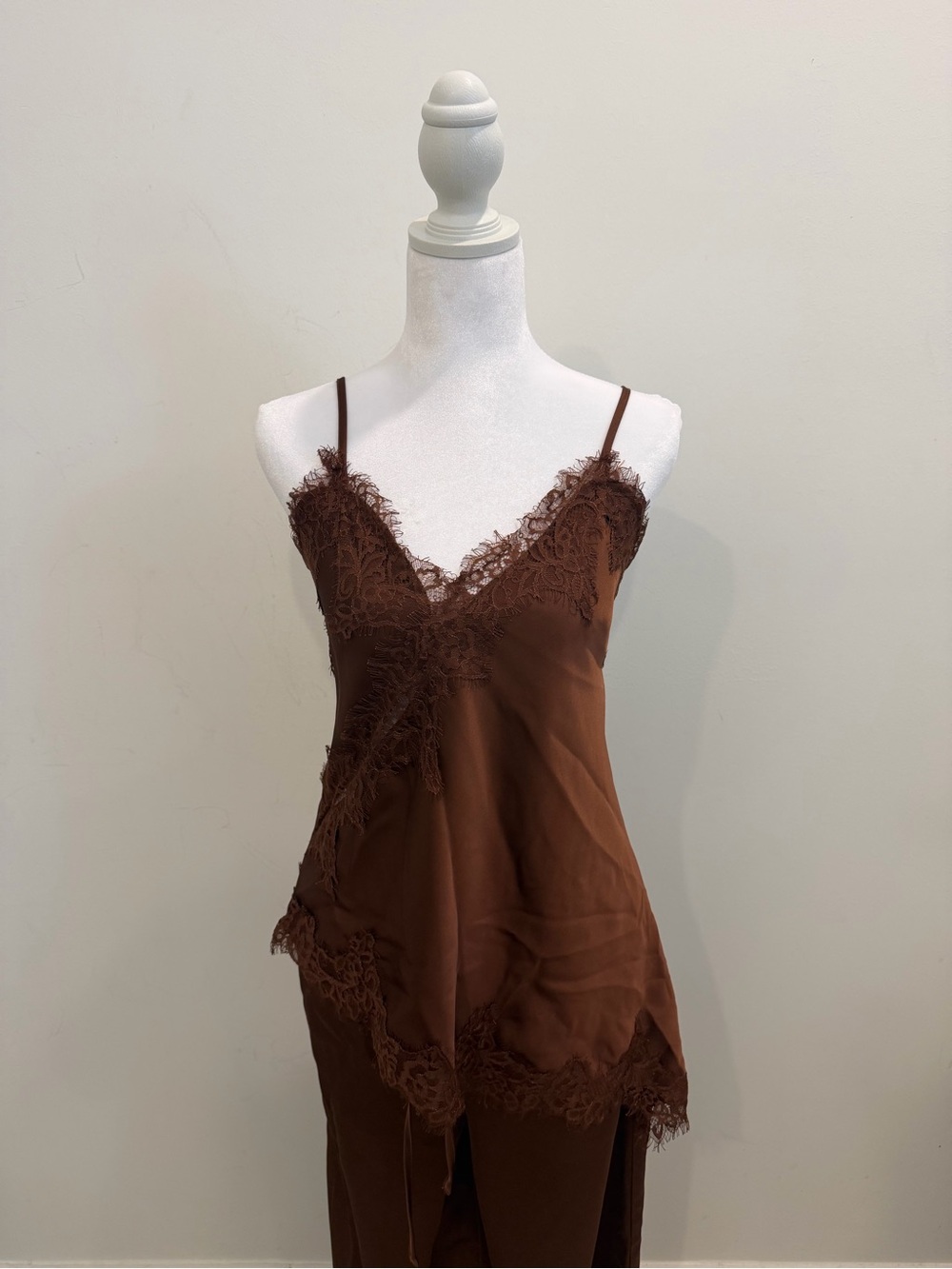 Satin Lace-Trim Slip Cami in Chocolate Brown